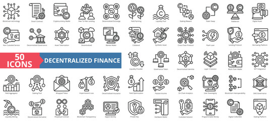 Decentralized finance icon collection set. Containing blockchain technology, smart contract, cryptocurrency wallet, peer to peer lending, yield farming icon. Simple outline vector illustration.