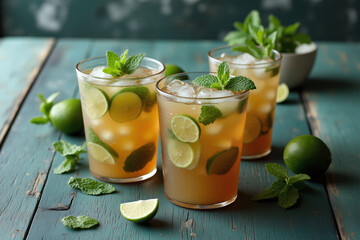 Fototapeta premium two glasses of iced tea with lime and mint on a wooden table