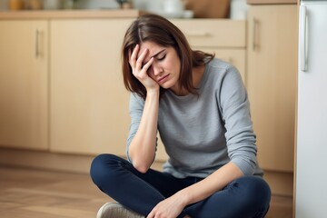 Obraz premium Sad young woman sitting on kitchen floor holding her head, expressing emotional distress in a modern home interior
