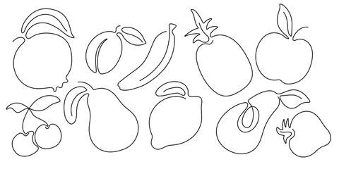 Set continuous one line drawing of different fruits. Hand drawn white and black fruits for logo, wallart, posters. Minimalistic design vector illustration EPS10.