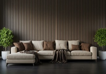 Interior view of a beige sofa with pillows and blankets against a wood panel wall with potted plants