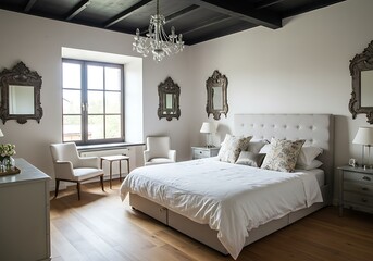 A bedroom with a large bed, two chairs, three mirrors and a chandelier in a well lit space