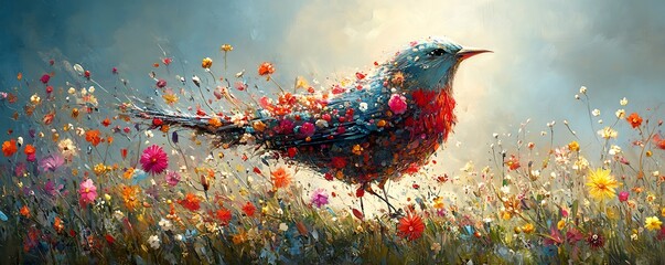 Bird covered in flowers standing in a flower field, cloudy sky background. For springtime decor