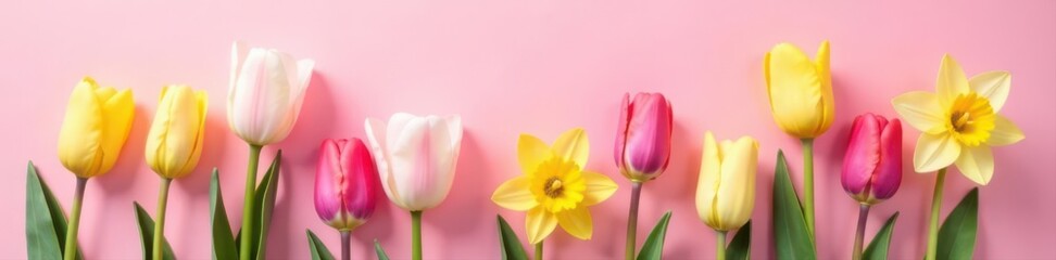 Fototapeta premium Delicate pastel tulips and daffodils bloom vibrantly against a soft pink backdrop , closeup, floral