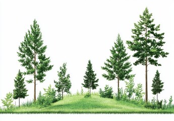 Fototapeta premium Lush Green Pine Trees on a Grassy Hill Against a White Background