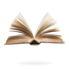 Open book, floating in the air, against a white background,