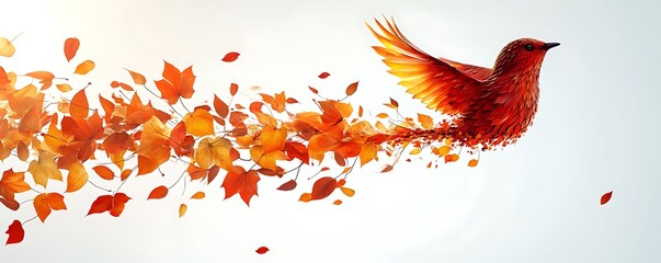 Bird flies as leaves drift behind on blank background, symbolizing transition
