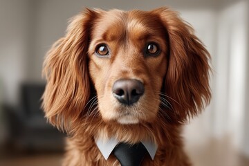 Obraz premium Red-haired long eared dog wearing shirt and tie facing camera in confident manner against blue background showing formal dogwear expression and groomed animal focus