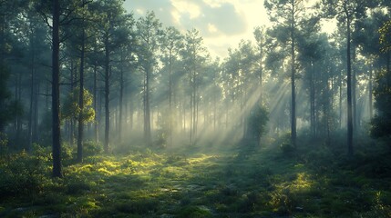 Fototapeta premium Lush green woodland with sunbeams filtering through high resolution wallpaper