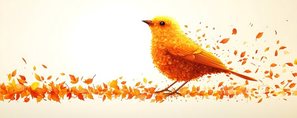 Abstract fall bird perched in flight as leaves gently drift away, symbol of change
