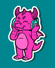 Fototapeta premium Cartoon Character of a Cute Pink Dragon with Headphones