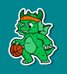 Cartoon Character of a Cute Green Dragon Playing Basketball