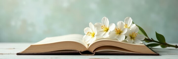 Obraz premium Open book, delicate white flowers, textured backdrop , spring, white, delicate