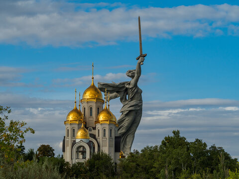 Church of All Saints and "The Motherland is calling!&rdquo; - sculpture, monument to the heroes of the Stalingrad battle, Mamayev Kurgan< Russia. 80 years of the victory of the USSR in the Second World War.