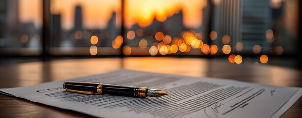 Close-Up of Blank Contract on Desk with Office Towers at Sunset – Legal Document and Business Deal Concept with Copy Space