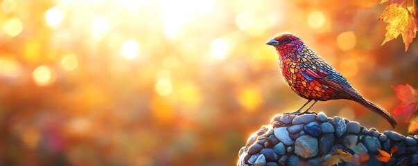 Autumnal bird perches on stone wall in a forest during warm sunset light, for postcard or invitation