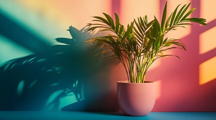 Pink Potted Palm Plant in Vibrant Sunlight