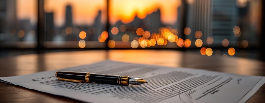 Close-Up of Blank Contract on Desk with Office Towers at Sunset – Legal Document and Business Deal Concept with Copy Space