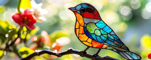 Colorful stained glass bird perched on a branch outside with blurred trees, nature display
