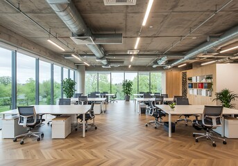 A modern office space with white desks, ergonomic chairs, and large windows overlooking greenery outside