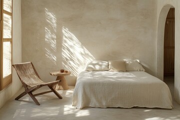 A sun-drenched bedroom with a neutral color palette  Simple wooden chair, bedside table, and large bed are the focal points  Natural light streams through the window, casting warm shadows on the walls