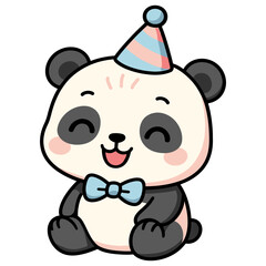 Baby Panda Wearing Party Hat and Bow Tie - Smiling Cartoon Animal Illustration