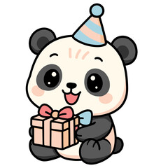 Baby Panda with Gift Box and Party Hat - Cartoon Animal Birthday Illustration