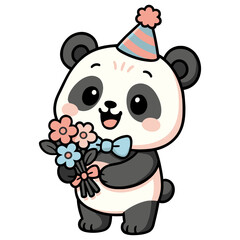 Baby Panda Holding Flower Bouquet with Party Hat - Adorable Cartoon Animal Illustration
