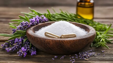 White Powder and Capsules with Lavender and Rosemary on Rustic Wooden Background