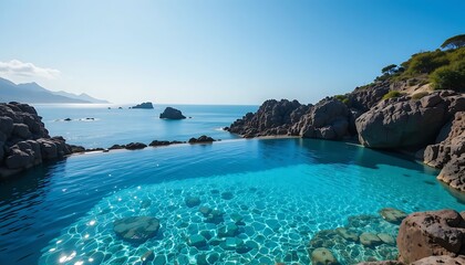 Obraz premium Serene Coastal Infinity Pool: Turquoise Waters and Rugged Rocks