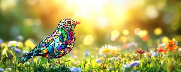 Stained glass bird stands in colorful flower meadow with sunny bokeh. Nature background