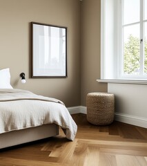 Beige Minimalist Bedroom with Light Wood Floors and Woven Stool