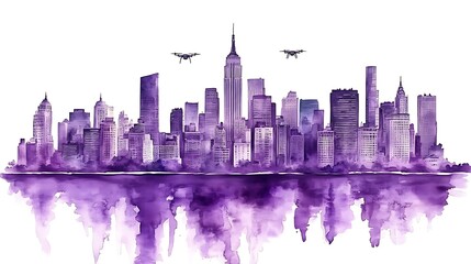 Obraz premium Purple watercolor cityscape with drones