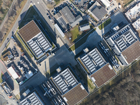 aerial photos of large scale data center, computing center, Germany. Iot, Big data, IT, information technology, digital infrastructure, AI, Artificial intelligience