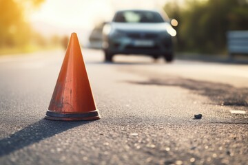 An orange traffic cone sits on the asphalt road, with a blurred car in the background, suggesting a minor accident or road work.