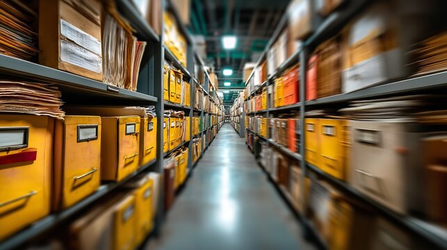 Close-Up of Blue Archival File Storage on Shelves in Modern Office Interior with Blurred Background and Perspective View