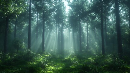 Obraz premium Morning light piercing through misty pine trees high resolution backgrounds