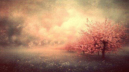 Naklejka premium Misty dawn with blossoming pink trees in a field.