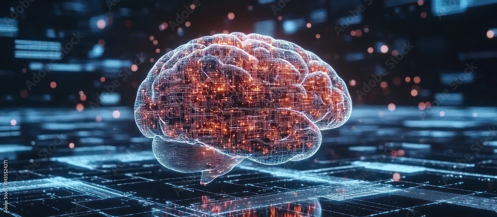 Poster conceptual representation of artificial intelligence and neuroscience showcasing a glowing brain mod