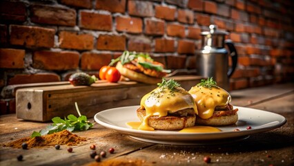 Eggs Benedict with Hollandaise Sauce on Rustic Table