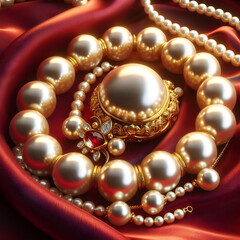 Gold pearls on red silk realistic image