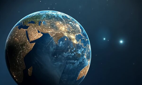 A view of the Earth from space, showing Europe and Italy in yellow glowing lights on one side with the dark blue ocean below, and glowing global network connections across multiple countries.