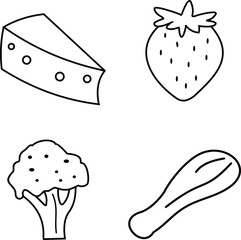 A black and white illustration of cheese, strawberry, broccoli, and chicken on a white background