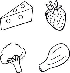 A black and white illustration of cheese, strawberry, broccoli, and chicken on a white background