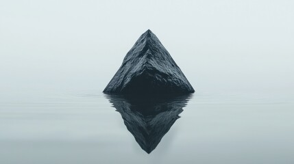 A dark gray rock sits in the middle of a calm body of water, creating a striking reflection.