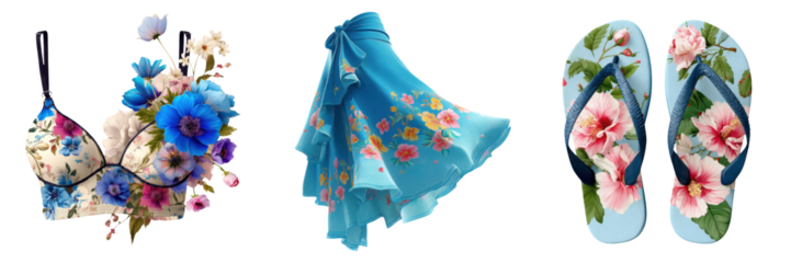 Summer Vibes Clipart Concept for Fashion and Accessories. A vibrant collection of floral-patterned clothing and accessories, including a bra, scarf, and flip-flops, showcasing colorful designs