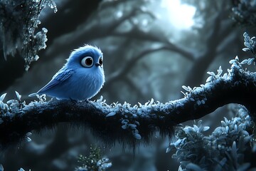 Fluffy blue bird perched on branch, snow-covered forest background, suitable for a winter themed greeting card