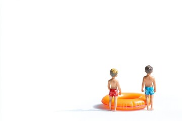 Two miniature boys in swimsuits stand facing an inflatable ring, ready for a summer swim.