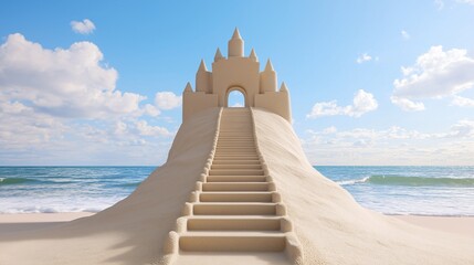 Sand castle made on the beach, with blue sky and ocean background 
