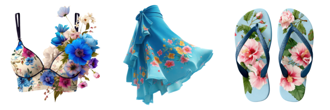 Summer Vibes Clipart Concept for Fashion and Accessories. A vibrant collection of floral-patterned clothing and accessories, including a bra, scarf, and flip-flops, showcasing colorful designs